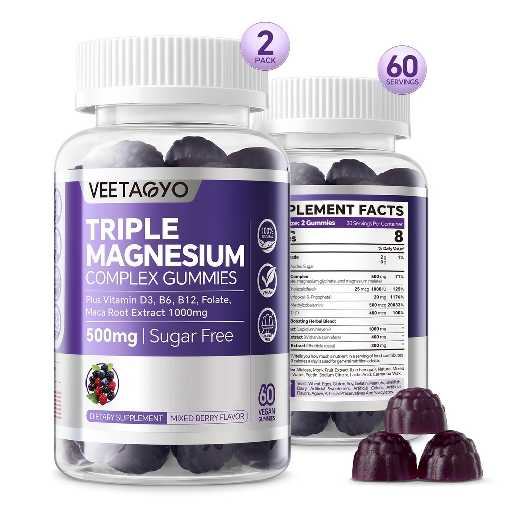 VEETAGYO Magnesium Gummies 500mg 400mg | High Absorption, Bone, Nerves, Muscle | 3 Forms of Magnesium Complex Supplement Glycinate,Taurate,Malate | Adults - Vegan,Sugar Free,120Cts