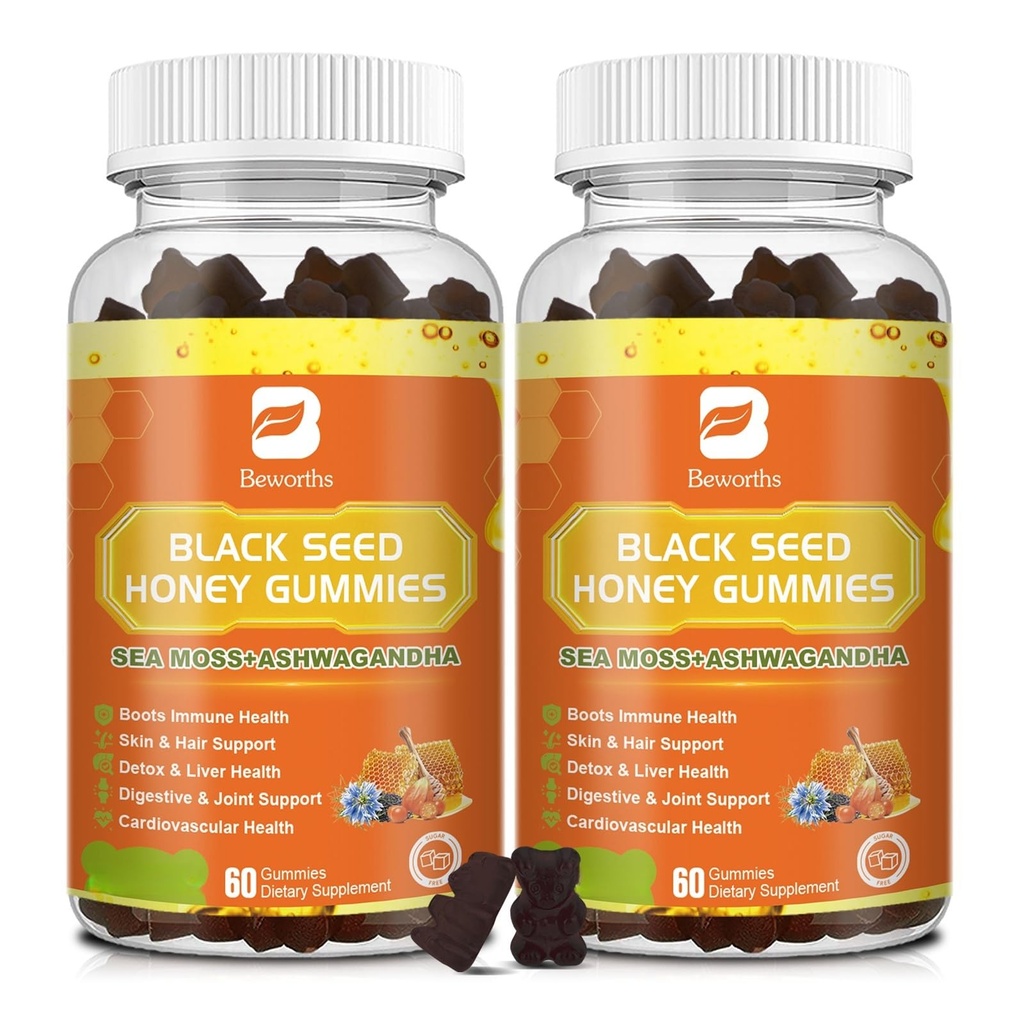 (2包) 黑籽油海 摩斯 古米 与 Ashwagandha, Burdock Root, Linden Honey, 老年莓, Turmeric, Vitamin C, D3 & Zinc - 支持豁免, 联合, 文摘, 头发和皮肤, Vegan Gummys 120