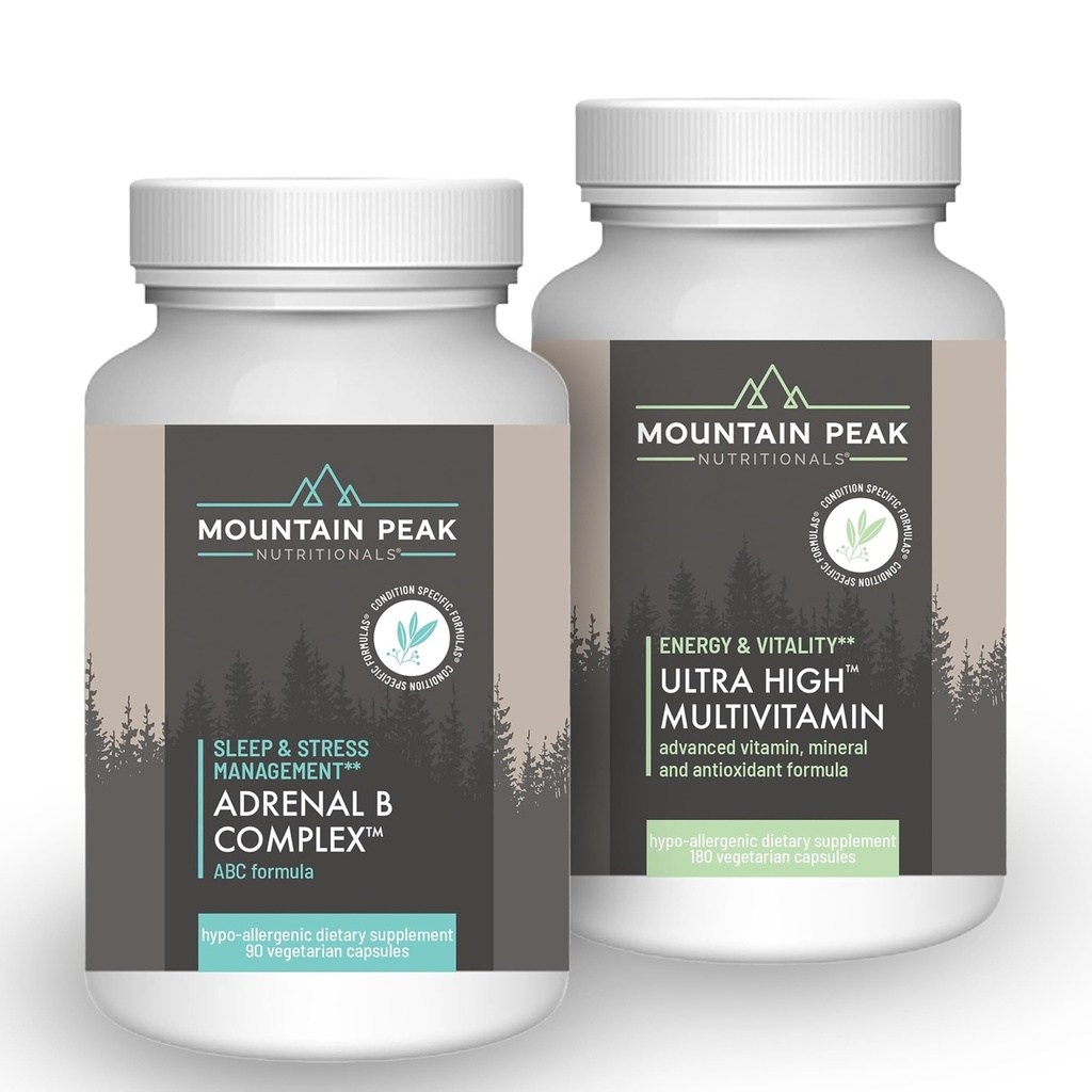 Mountain Peak Nutritionals Adrenal B Complex & Ultra High Multivitamin Combo Pack - Vitamin, Multi-Mineral, & Adaptogen Support - B Vitamins, Probiotics, & Essential Nutrients - 90 & 180 Vegetarian Ca