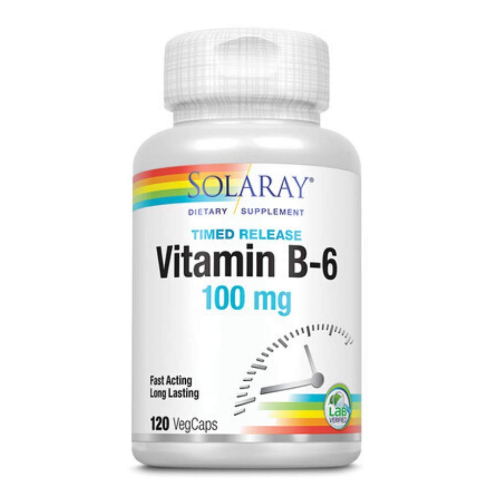SOLARAY Vitamin B6 100 mg Supplement for Women & Men - Vitamin B-6 100mg Capsules, Energy Support, Timed Release, Vegan - 120 Veg Caps