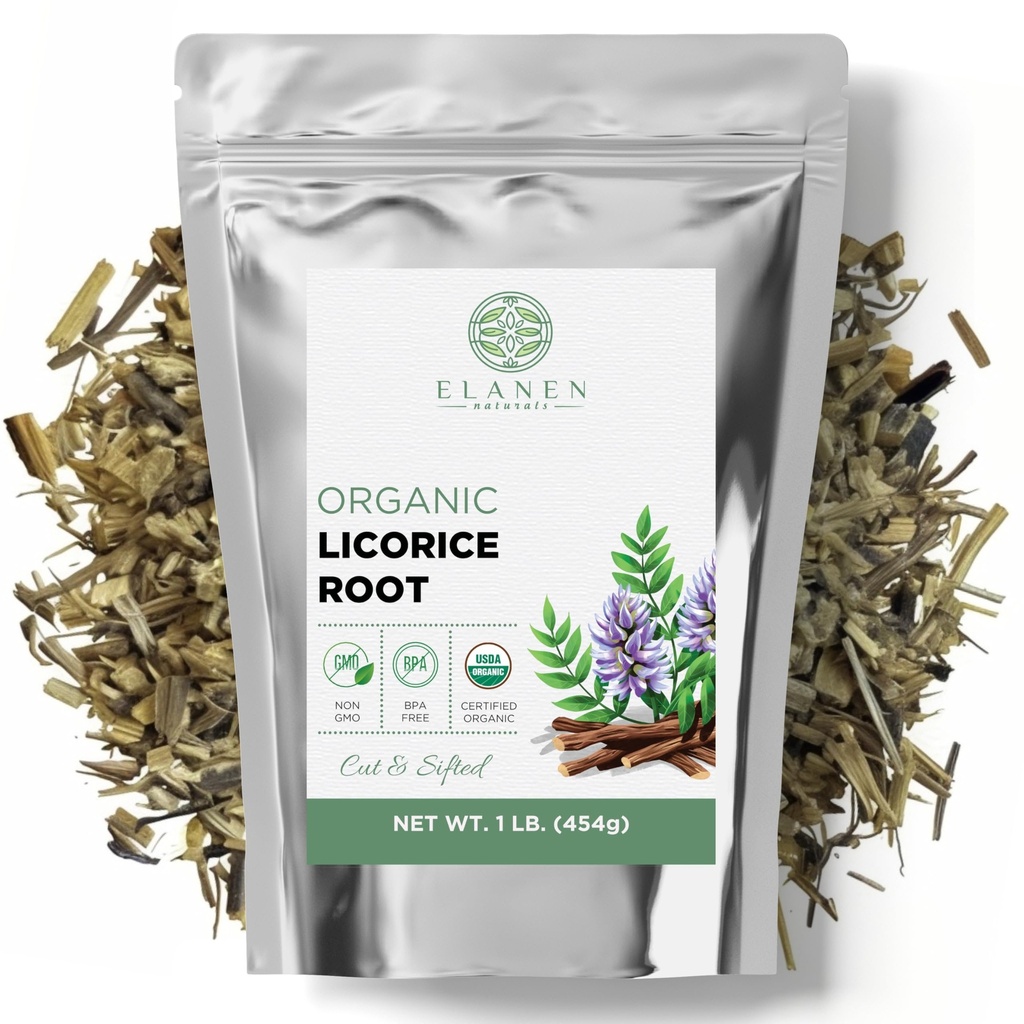 Elanen Naturals Organic Licorice Root 1 lb. (16 oz.), USDA Certified Organic Licorice Root Tea, Licourice Bulk Chopped, Liquorice, Raiz de Regaliz Licrice, Glycyrrhiza glabra, Cut & Sifted