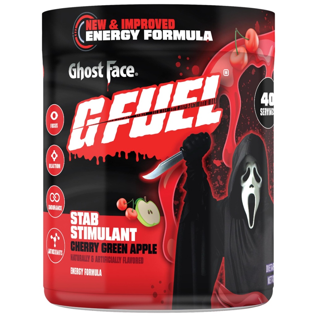 G Fuel Ghost Face 2.0 Energy Drink Powder, Pre Workout Caffeine Mix for Gaming, Sugar Free Focus Amino, Vitamin + Antioxidants, 9.9oz (Cherry Green Apple, 40 Servings)