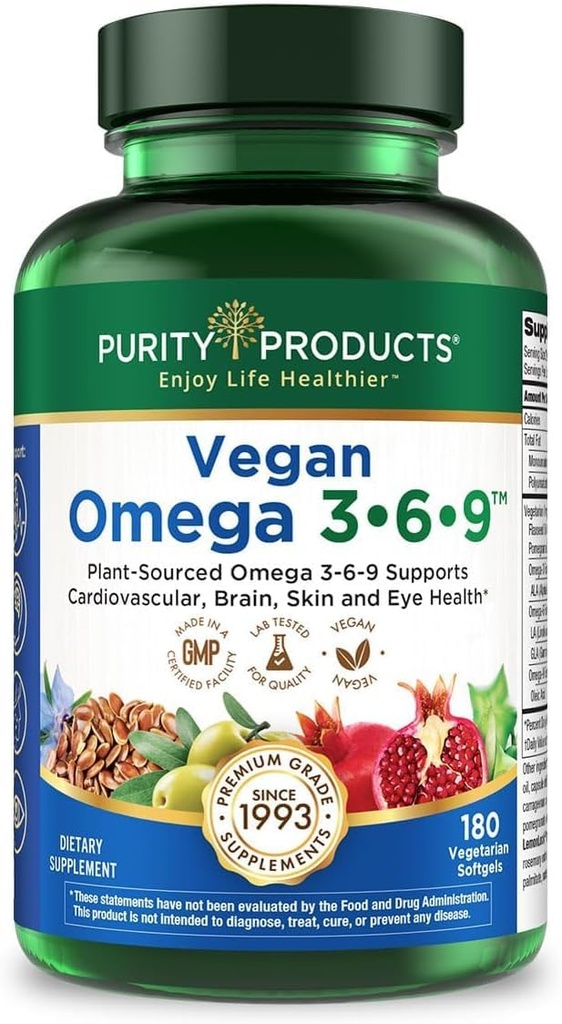 Purity Products Vegan Omega 3 6 9 Formula - “5 in 1” Essential Fatty Acid Complex - Scientifically Formulated Plant-Based Vegan Omega 3-6-9 Essential Fatty Acids (EFA) - 3 Month Supply - 180 Softgels