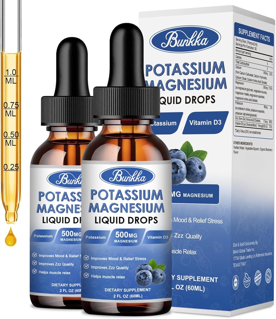 (2 Pack) Potassium Magnesium Supplement Liquid with Potassium, Magnesium,Calcium, Vitamin D3, Zinc, for Adult and Kid, Sugar Free