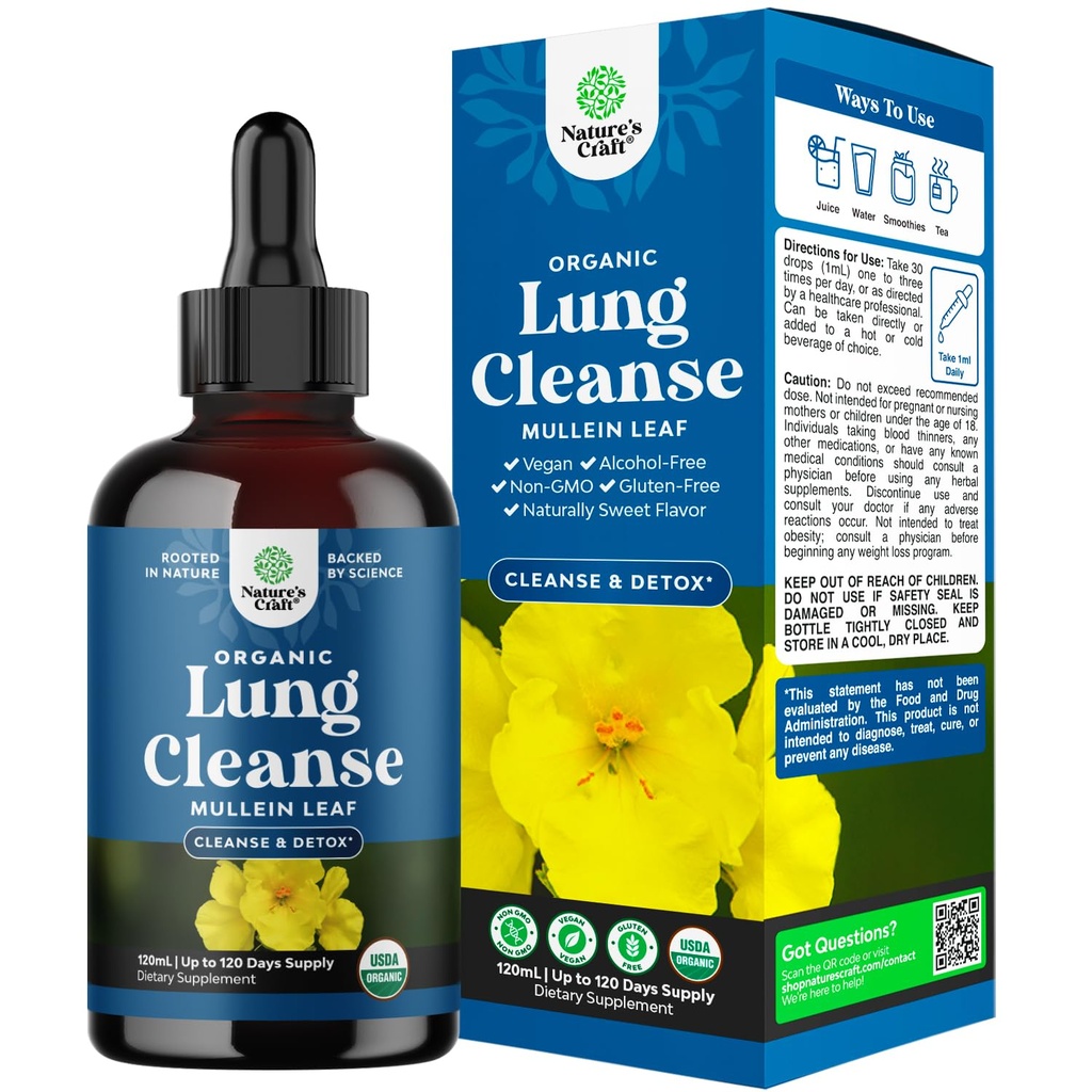 Organic Mullein Drops for Lungs - Herbal Lung Detox & Cleanse with Marshmallow Root Extract & Plantain Leaf for Respiratory Lung Health - Mullein Leaf Tincture Drops for Breathing Support - 4 Fl Oz