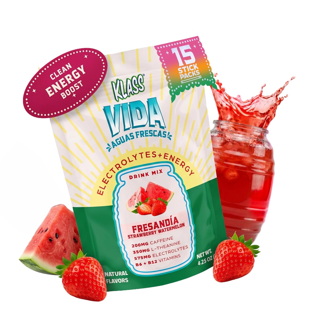 KLASS VIDA Energy + Hydration Strawberry Watermelon Agua Fresca Electrolyte Powder Packets | Sugar Free with Caffeine, L-Theanine & Coconut Water | 15 Stick Packs
