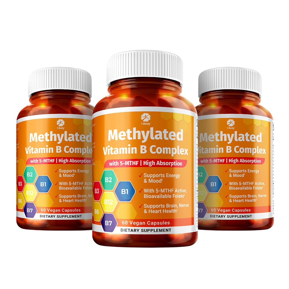 1 Body Vitamin B Complex 3 Pack – Bioavailable B Vitamins with 5-MTHF Folate, B1, B2, B5, B6, Methyl B12, Niacin & Biotin – Non-GMO, Vegan, Made in USA