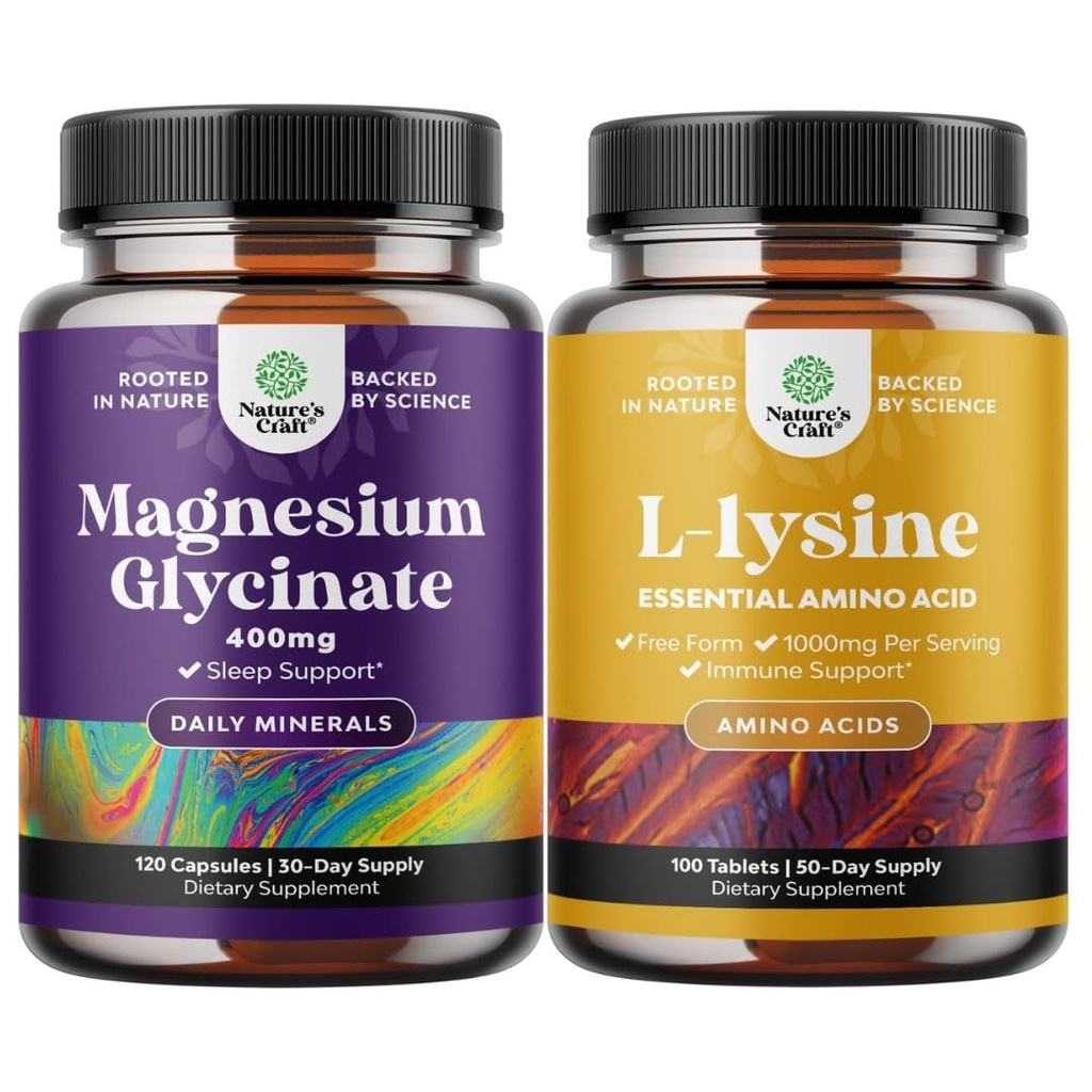 Bundle of Magnesium Glycinate Capsules for Women & Men for Mood and Relaxation and L-lysine Essential Amino Acids for Eye Health Lip Care Bone Support Immune System Support Muscle Growth