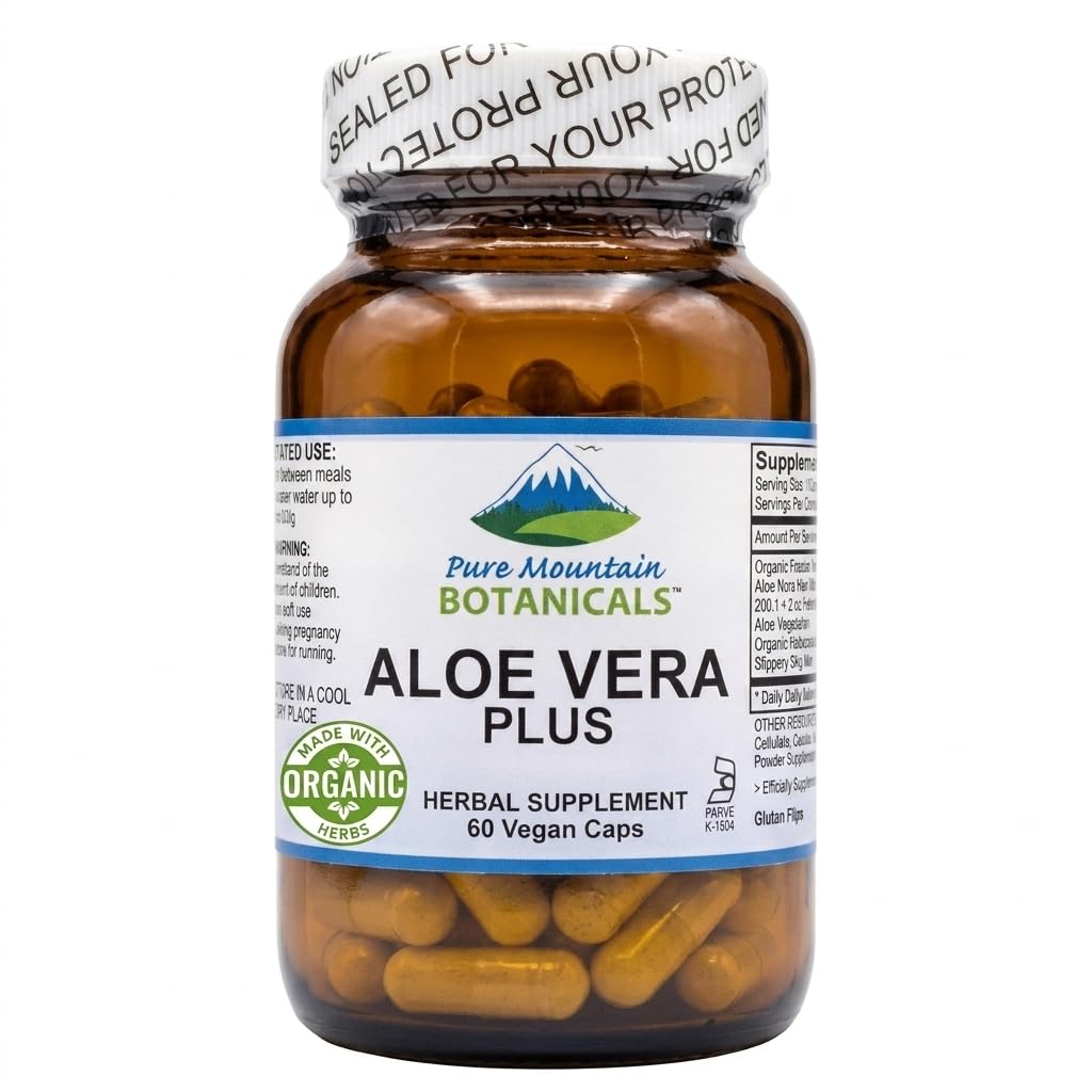 Pure Mountain Botanicals Aloe Vera Capsules - Organic Aloe Vera with Acemannan - Marshmallow Root - Slippery Elm - 60 Count - Vegan - Kosher - Non-GMO