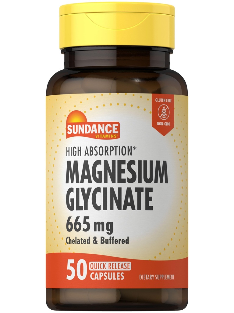 Sundance Magnesium Glycinate Capsules | 665 mg | 50 Quick Release Pills | Non-GMO and Gluten Free Supplement