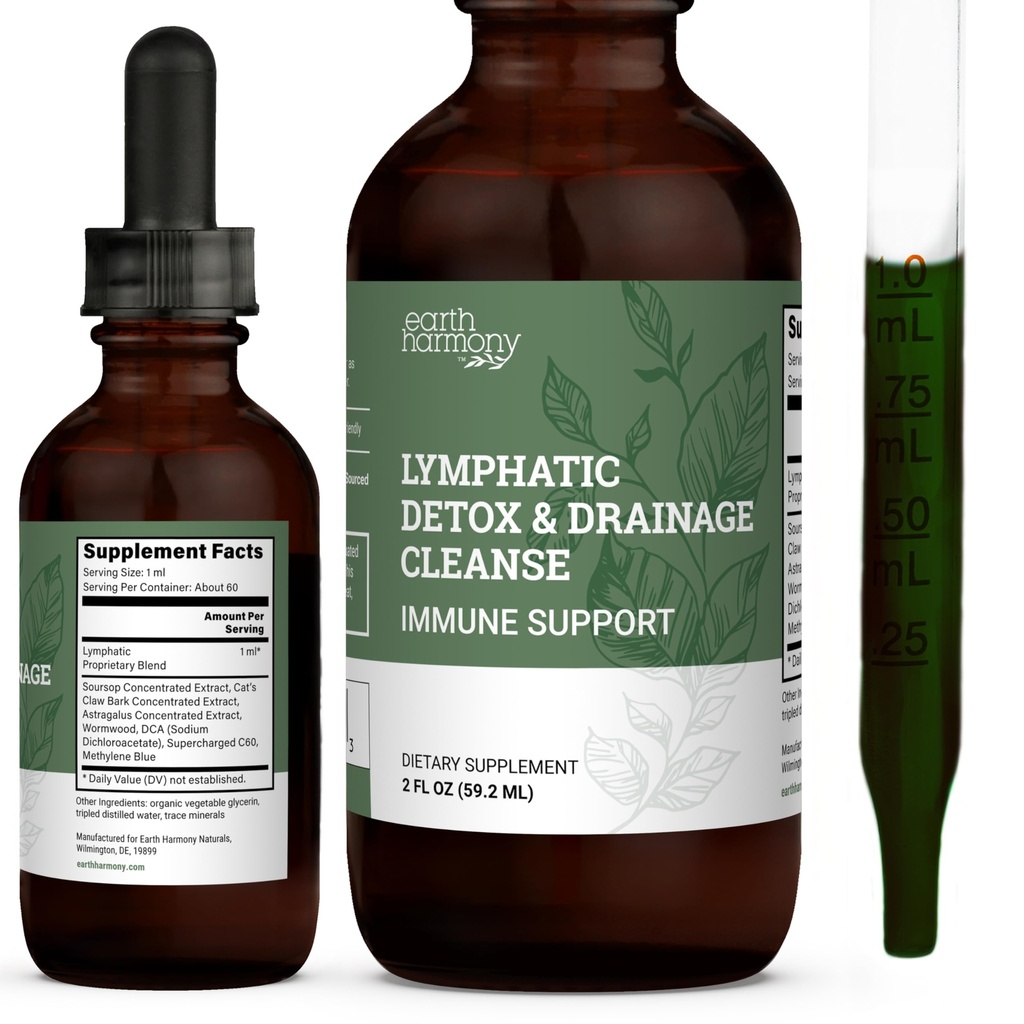 Earth Harmony Lymphatic Drainage Drops, Lymph Detox - Supplement with Soursop, Cat's Claw Bark, Astragalus, Wormwood, Lymph Node Detox, Lymphatic Support Cleanse (2 Oz)