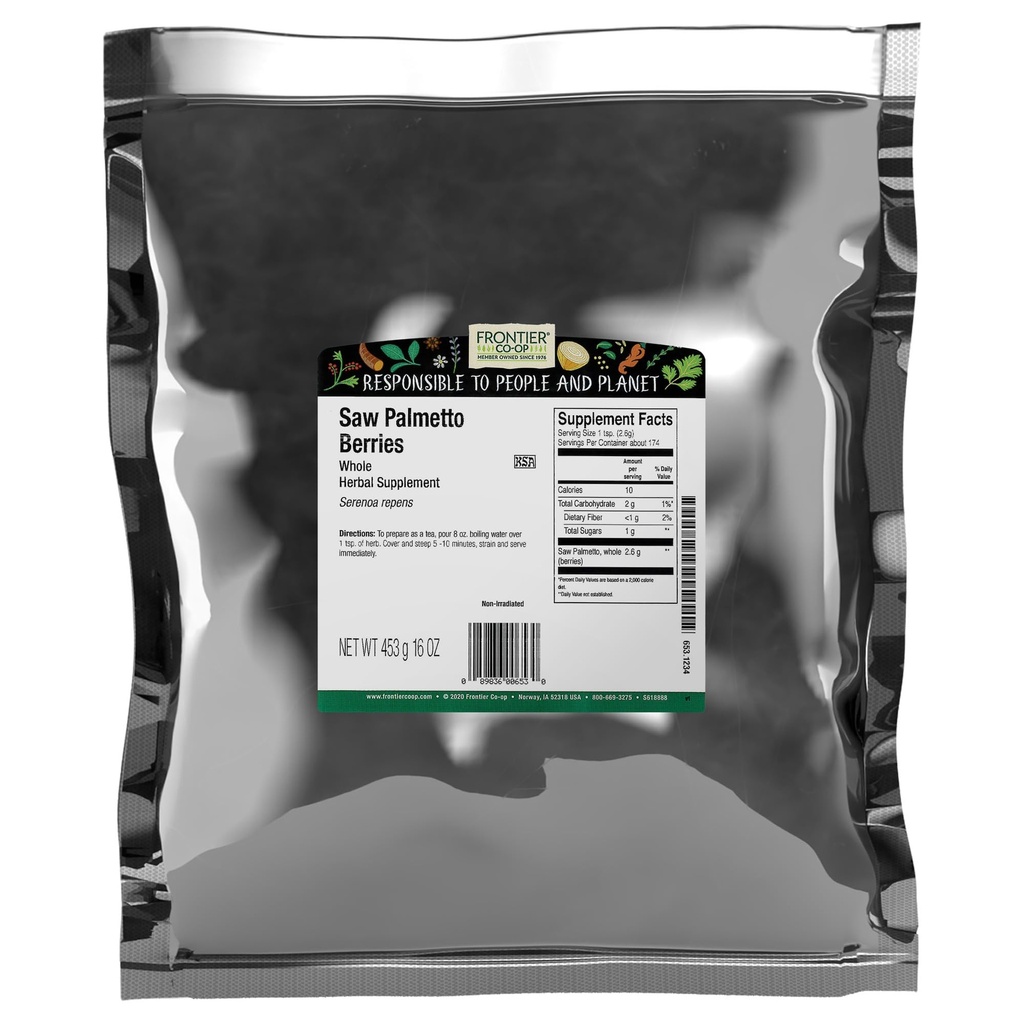 Frontier Co-op Saw Palmetto Berries, 1lb Bulk Bag - Whole, Wildcrafted Berries - Rich in Fatty Acids - Ideal for Saw Palmetto Tea and Healthy Recipes