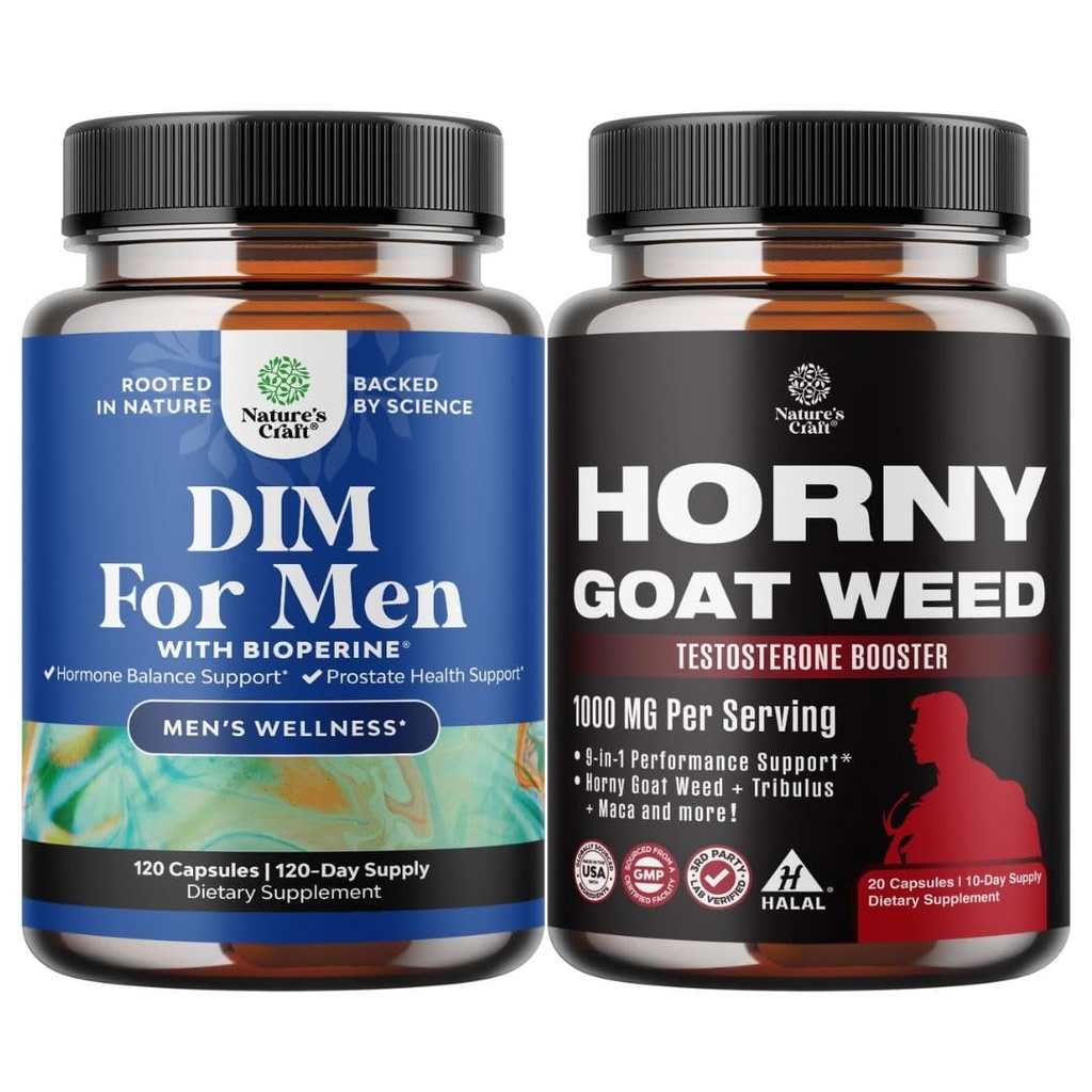 Bundle of DIM Supplement for Men - DIM Estrogen Blocker for Hormone Balance & Prostate Health and Horny Goat Weed with Tongkat Ali Saw Palmetto Extract Panax Ginseng & Maca Root for Stamina & Energy