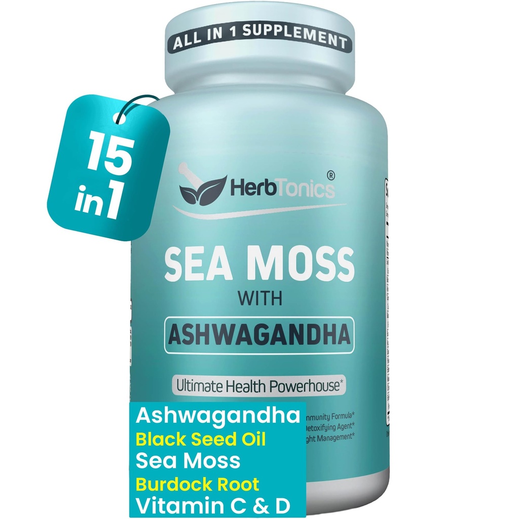 Herbtonics Sea Moss,黑种子油, Ashwagandha, Burdock Root & ACV Complex QQ助力豁免, 减轻压力, 支持文摘 QQ全英海摩斯 Capsules 60 Capsules
