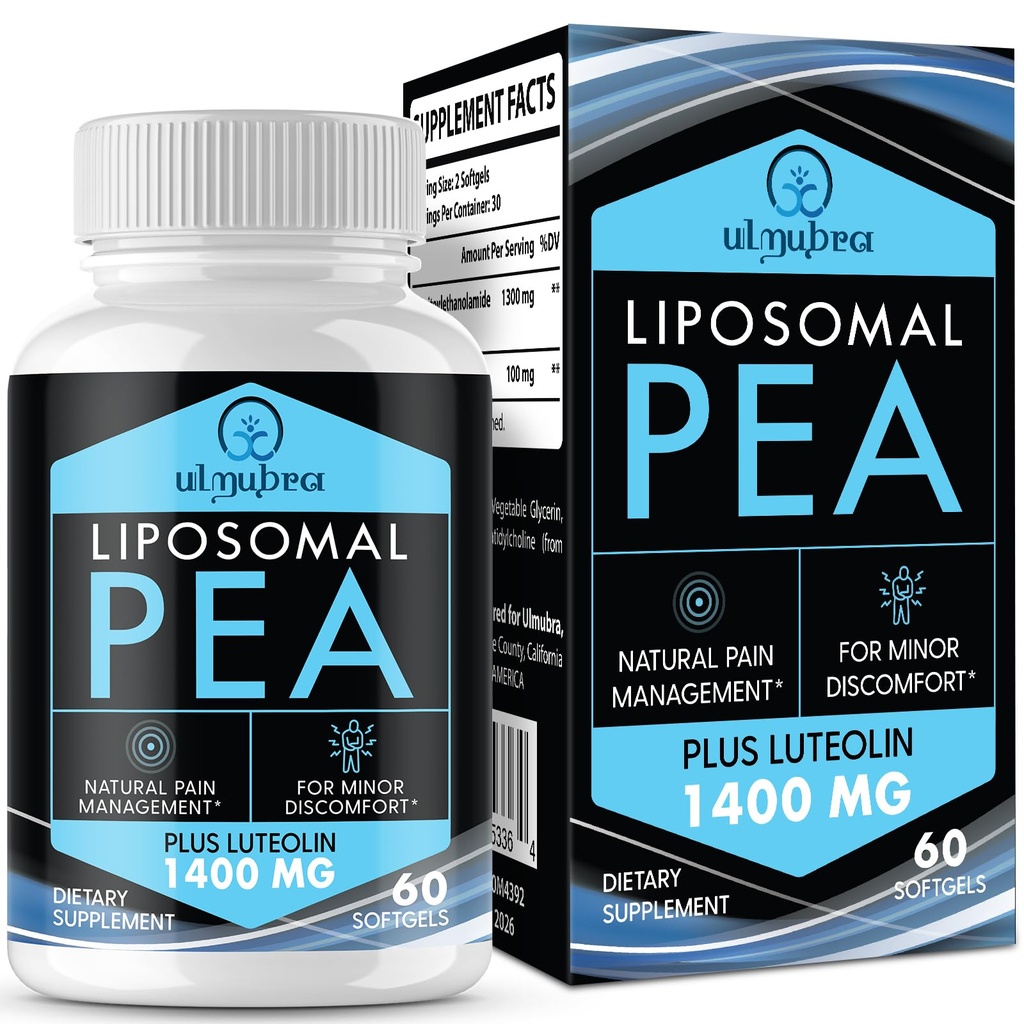 Liposomal Palmitoyl乙醇酰胺 1300 MG + Luteolin 100 MG, 高级吸收, 微营养化 Pea 补充不适管理, 60 软胶