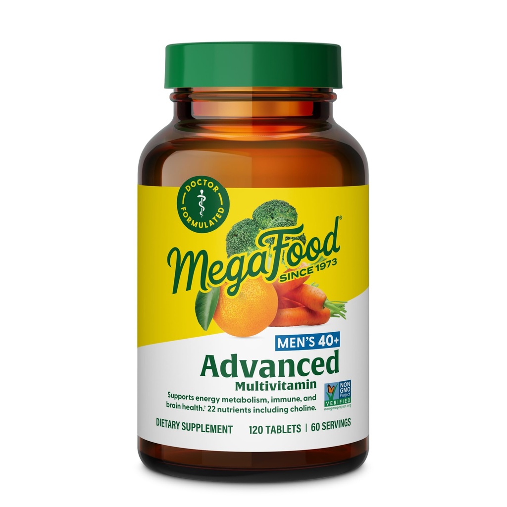 MegaFood Men's 40+ 高级男子多维素 - Dr-formulated - Choline,维生素B,维生素C,维生素D,锌与真食品 - 脑健康,免疫支持 - 蔬菜 - 120 Tabs (60位服务员)