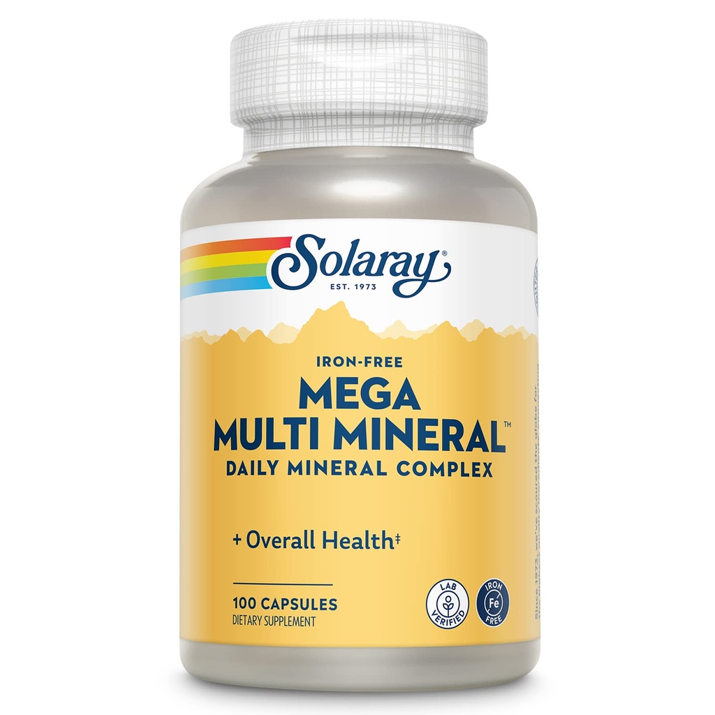 SOLARAY 巨型多矿物、无铁 -- -- 每日矿物补充品w/ Trace Minerals、电解质、钙、镁、锌、硒、硼 -- -- 电池能源、免疫支持、60天保障、25服务