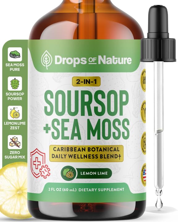 Soursop with Sea Moss Liquid Supplement – More Concentrated Than Sea Moss Gel – Easily Mix with Drinks – Soursop Bitters Liquid Drops for Hydration and Immune Support (Lemon Lime, 60mL)
