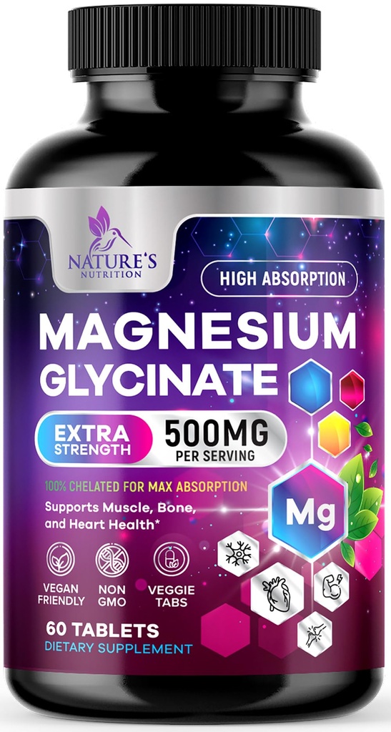 Magnesium Glycinate Supplement - 500mg Magnesium Per Serving - 100% Chelated & Purified - Supports Sleep, Heart Health, & Muscle Strength - Best Absorption Magnesium, Bottled in USA - 60 Tablets