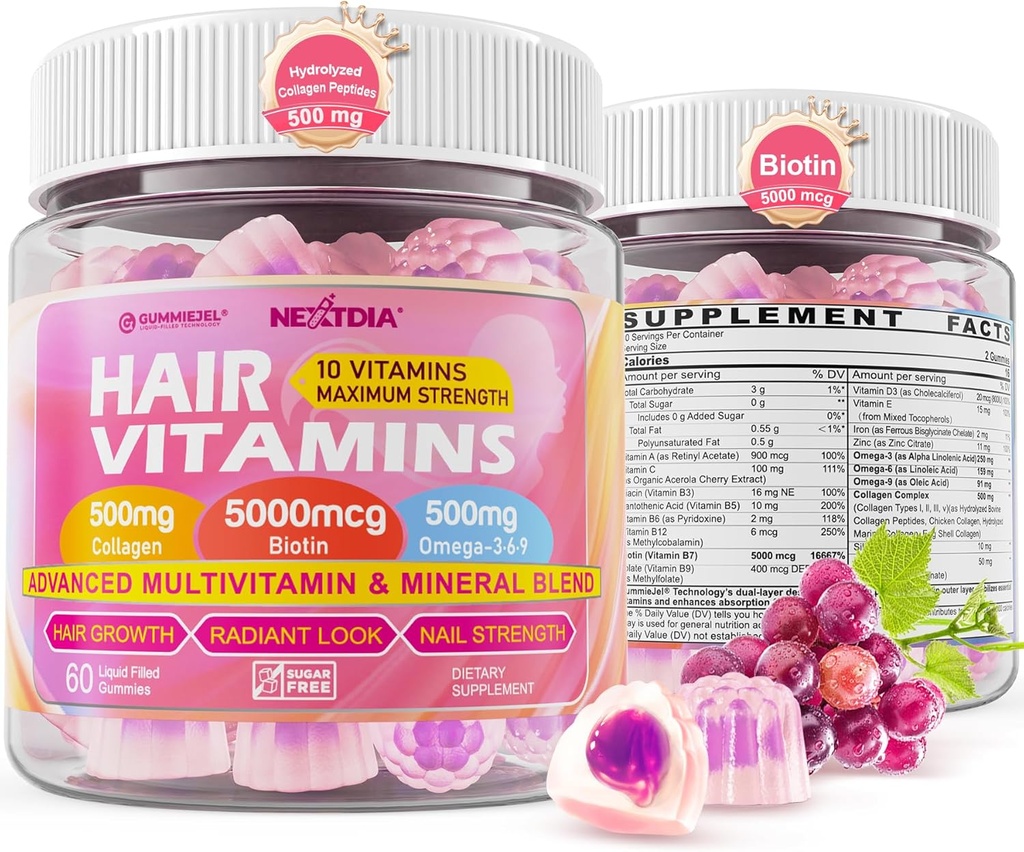 长发维生素 液体-填充胶体 - 生物锡 5000mcg,水解Colagen Peptides,Omega 3-6-9,Hyaluronic酸,甲基folate,Methycobalamin - 健康头发,皮肤和钉子 妇女补编