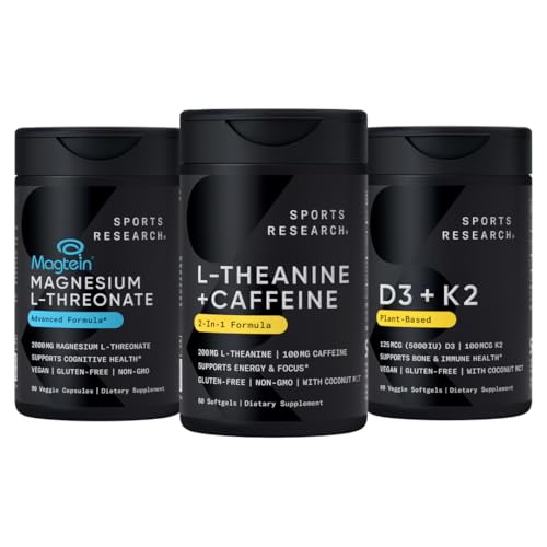 Sports Research® Magtein Magnesium L-Threonate Capsules (2000mg, 90 Capsules), Vegan Vitamin D3 + K2 w/Organic Coconut Oil (5000iu VIT. D 100mcg Mk7 VIT. K, 60 Softgels) and L-Theanine (200mg, 60 ct)