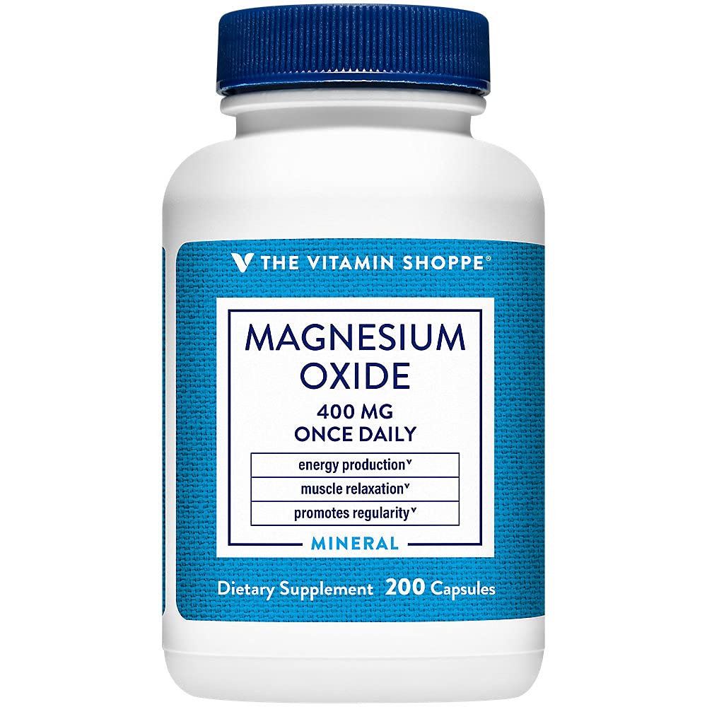 The Vitamin Shoppe Magnesium Oxide 400 mg Supplement, Daily Magnesium Mineral for Muscle Relaxation, Bone Health, and Energy Production Support for Men and Women, Gluten Free, Dairy Free, 200 Capsules