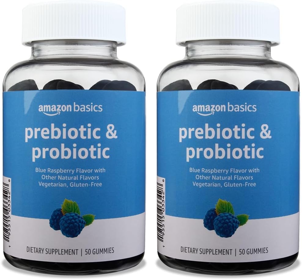 Basics Prebiotic & Probiotic Gummys, 2 亿 CPU, 蓝莓, 50 count (2 per service) (Presently Solimo) (Pack of 2).