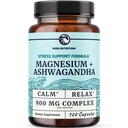 Magnesium Ashwagandha | Calming Magnesium Supplement for Adults | Relax, Rest, Calm Mood & Sleep Support | Mag Citrate & Oxide 400 mg + Ashwagandha 500 mg | Muscle Health & Stress Relief | 120 Ct