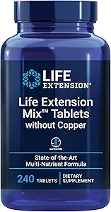 Life Extension Mix™ Tablets Without Copper, high Potency, Advanced Vitamin, Mineral, Fruit & Vegetable Formula, Vitamin B, C, D, E, for Whole-Body Health, Healthy Aging, Gluten-Free, 240 Tablets