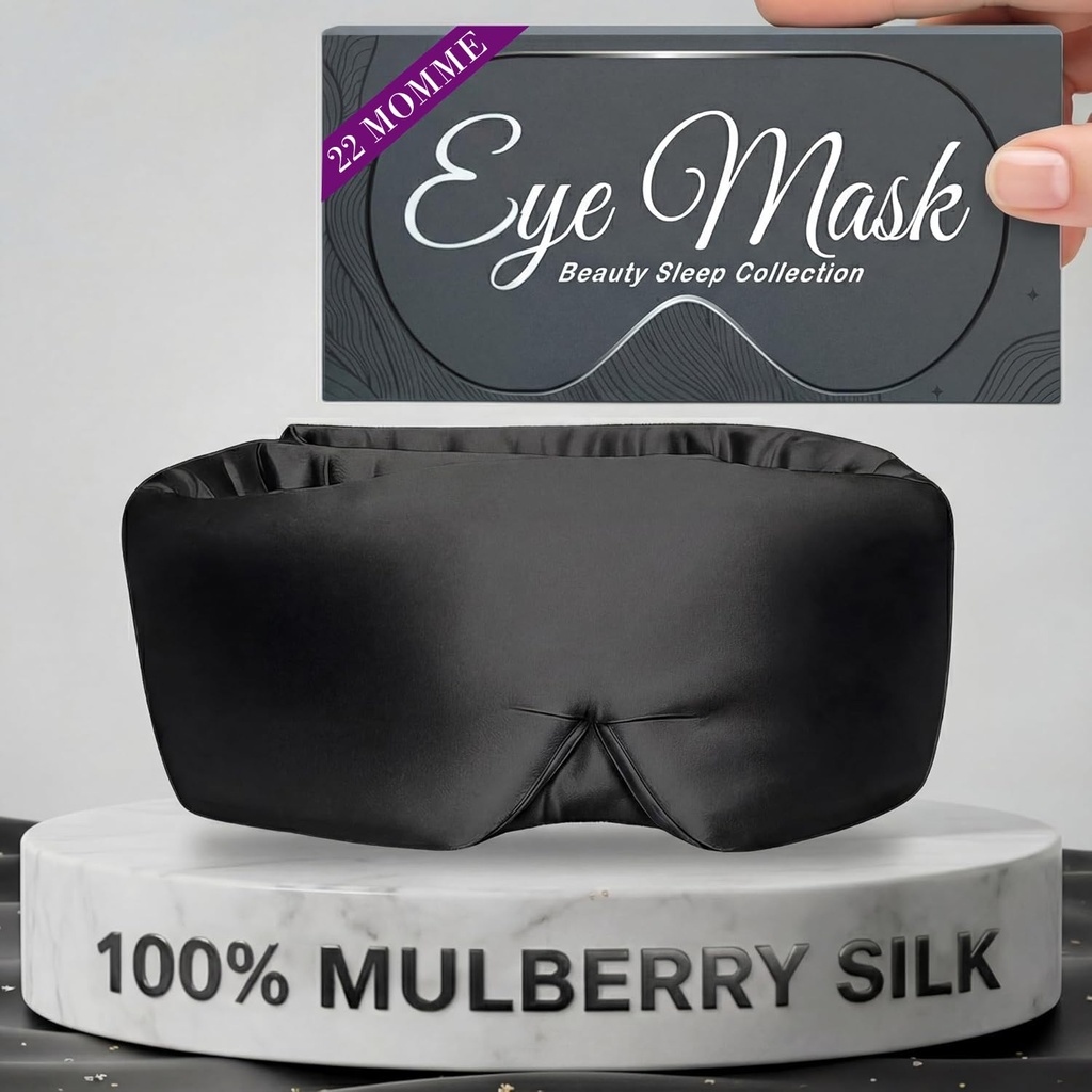 SLEEP SANCTUARY 100% Pure Mulberry Silk Sleep Mask - 22 Momme Light Blocking Hook & Loop Silk Eye Mask for Sleeping - Secure Fit for Side Sleepers, Women & Men - Cloud Soft (Black)