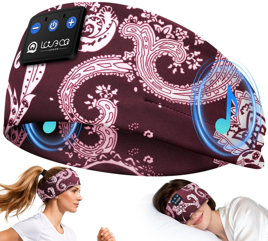 LOVE EYE Sleep Headphones Bluetooth 5.4, Sleep Mask Wireless Music Eye Mask for Side Sleepers, Soft Breathable Music Headband with HD Speaker for Workout Jogging Yoga Insomnia Travel Gift (Plum Red)