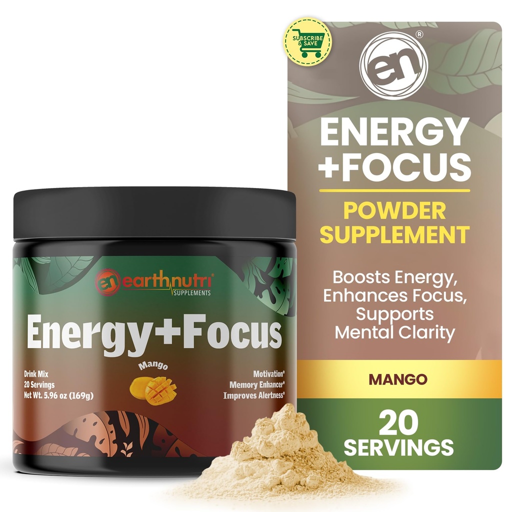 EarthNutri Energy + Focus Power Supplement - Energy Boost & Helps Community with PeakO2, AlphaSize, Cognizin, PurCaf, Theacrine, Acetyl L-Carnitine L-Tyrosine – Mango Flavor - 20 services (171g) (中文).