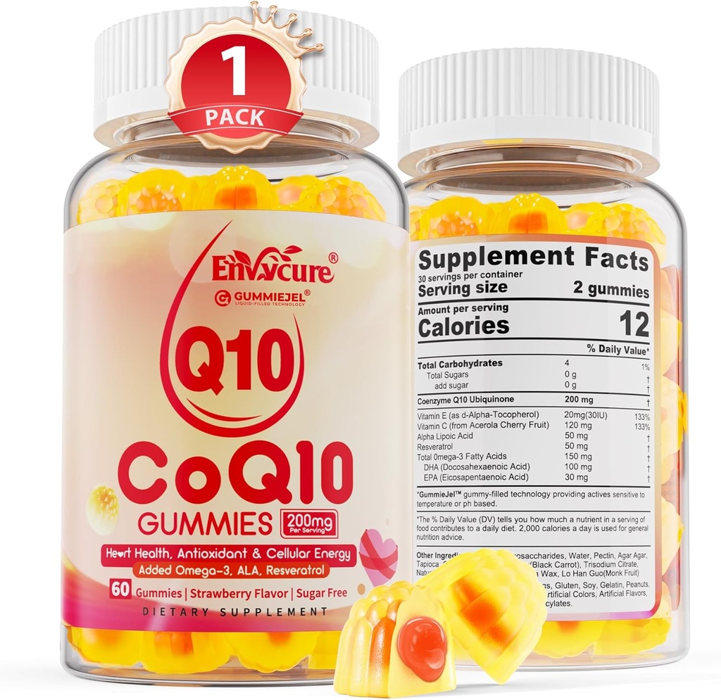 无糖CoQ10 200mg 填充胶体,5X 更好的吸收CoQ10 w/Resveratrol,Alpha Lipoic Acid,Omega-3,维生素E,C,细胞能,心脏,脑和抗氧化剂的Coenzyme Q10(1Pack)