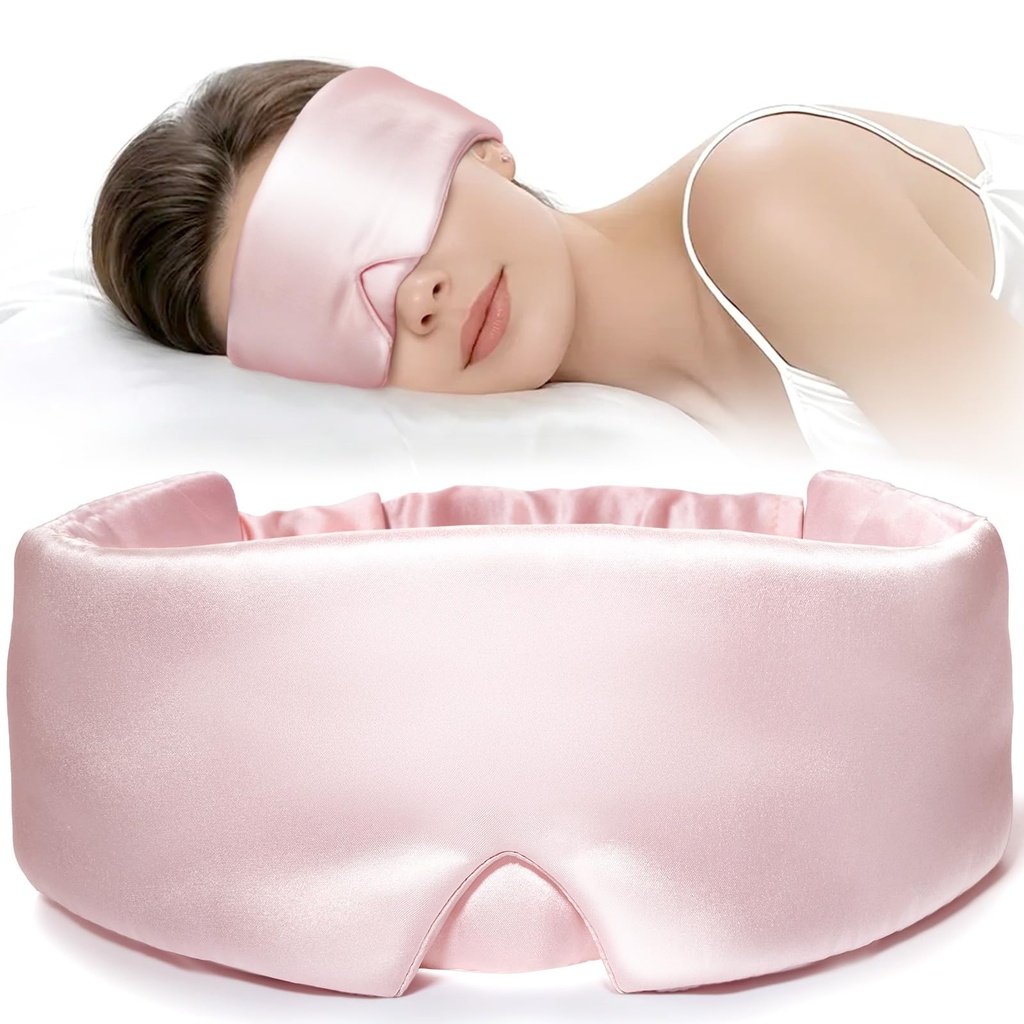 LitBear Silk Sleep Mask for Side Sleeper, Travel, Airplane, Office, Pink | 22 Momme Pure Mulberry Silk for Wrinkle-Free Sleep, Total Blackout, Tangle-Free Adjustable Strap, Includes Portable Bag