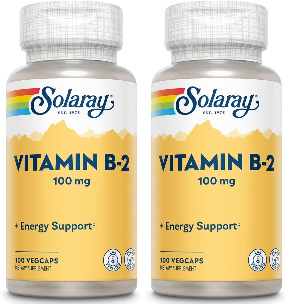 SOLARAY Vitamin B-2 Riboflavin 100 mg with Aloe Vera | Healthy Energy Metabolism, Skin, Hair & Nails | 100 CT (Pack of 2)