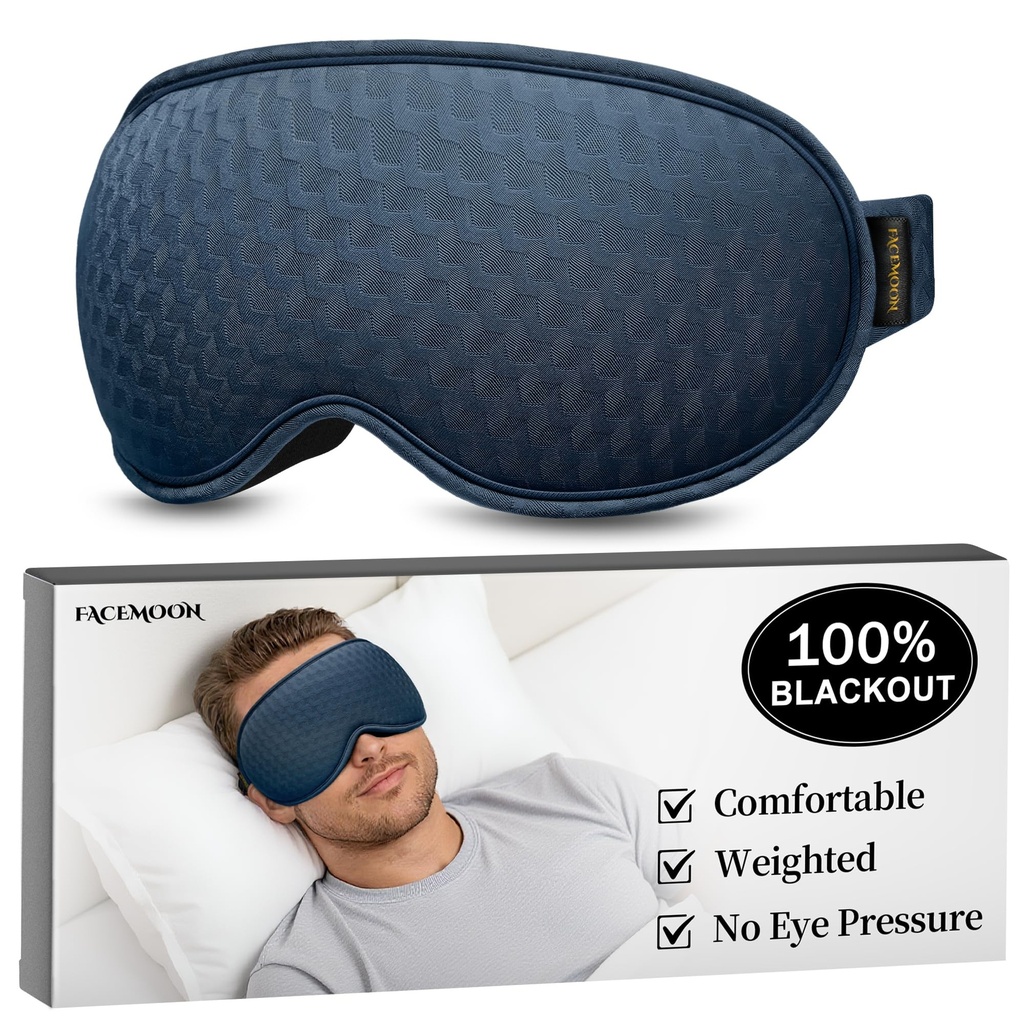 Weighted Blackout Sleep Mask for Men: 3D Contoured Zero Eye Pressure Sleep Mask for Stress Relief, Deep Sleep & Airplane Travel Essentials, Night Shift, Office Nap, Adjustable Strap, Blue