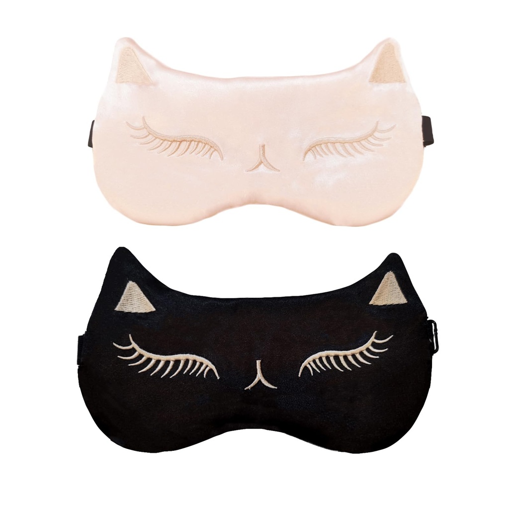 Cute Cat Sleep Mask for Kids, 2 Pack Silk Sleeping Eye Cover Adjustable Mask Night Eyeshade Cover for Girls Boys Women Men Sleep Travel Nap Party Supplies