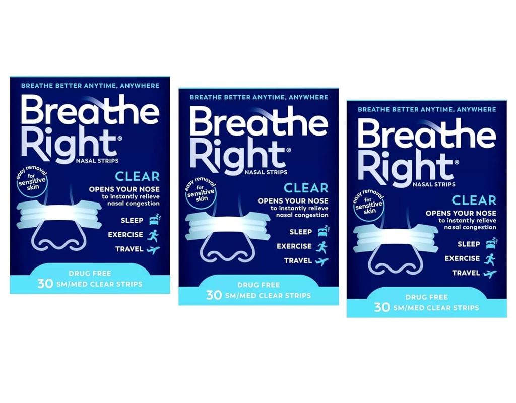 Breathe Right Nasal Strips - Clear - for Sensitive Skin - Sm/Med Clear Strips - 30 Count Strips Per Box - Pack of 3