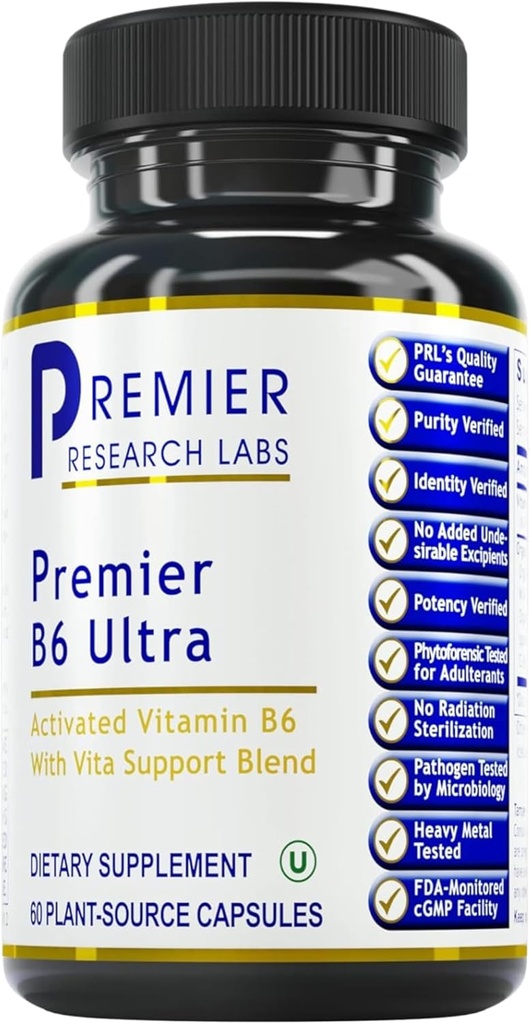 总理研究实验室 B6 超强-P5P 维生素 B6  Py 5 磷酸B6 维生素补充剂,50mg B6 per Capsule, 能量代谢活性形式, & Brain 函数 - 60 植物卡普尔