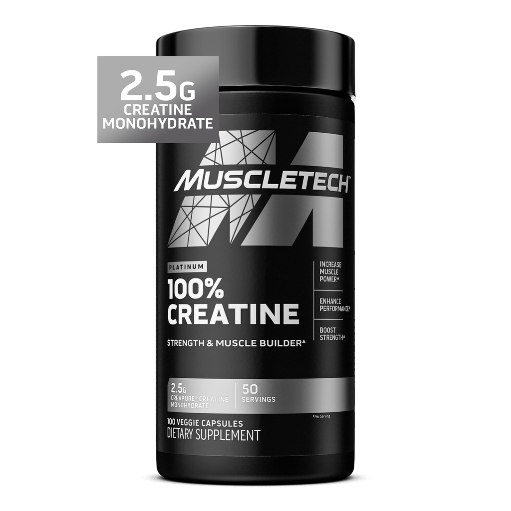 肌肉技术 白金酸单水合物 Capsules - Creapure Creatine Pre & Post Workout Muscle Builder,肌肉恢复和能量助推 男女辅助药 - 100 Veggie Pills