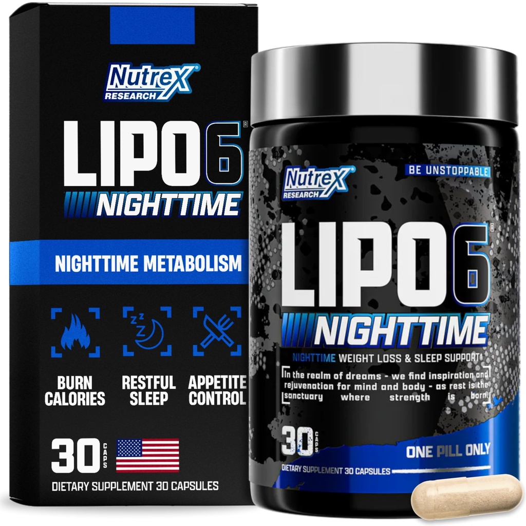 Nutrex Lipo 6 Nighttime Fat Burner | Melatonin Sleep Aid & Weight Loss Diet Pills for Men and Women | Night Time Metabolism Booster Appetite Suppressant | 30 Servings