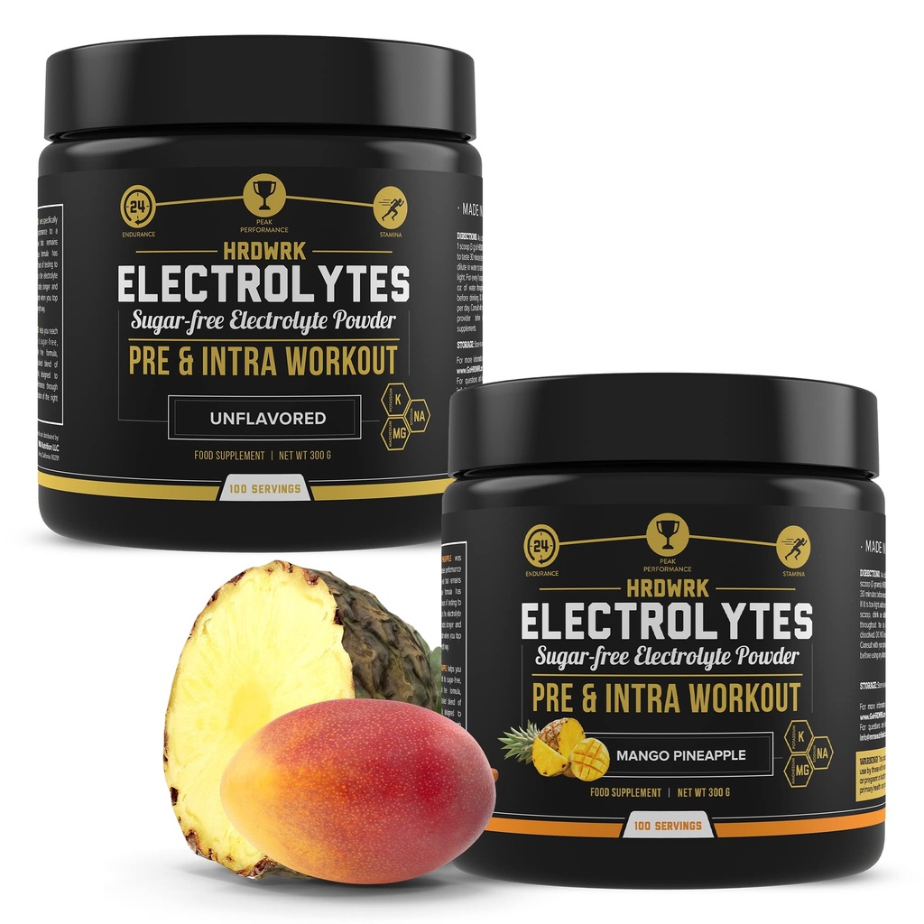 HRDWRK - 100 Servings Keto Electrolytes Powder Hydration Sugar Free - Electrolyte Powder to Boost Endurance & Reduce Fatigue with Electrolytes Supplement - Unflavored & Mango Pineapple Set