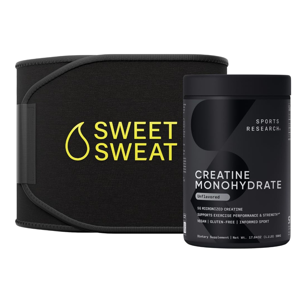 Sports Research® Training Performance Pack - Creatine Monohydrate and Sweet Sweat Waist Trimmer (Black/Yellow, Small)