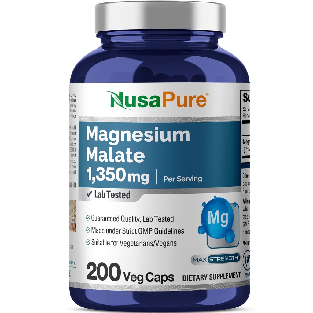 NusaPure Magnesium Malate 1350mg 200 Veggie Capsules(维根、非GMO、维冈)