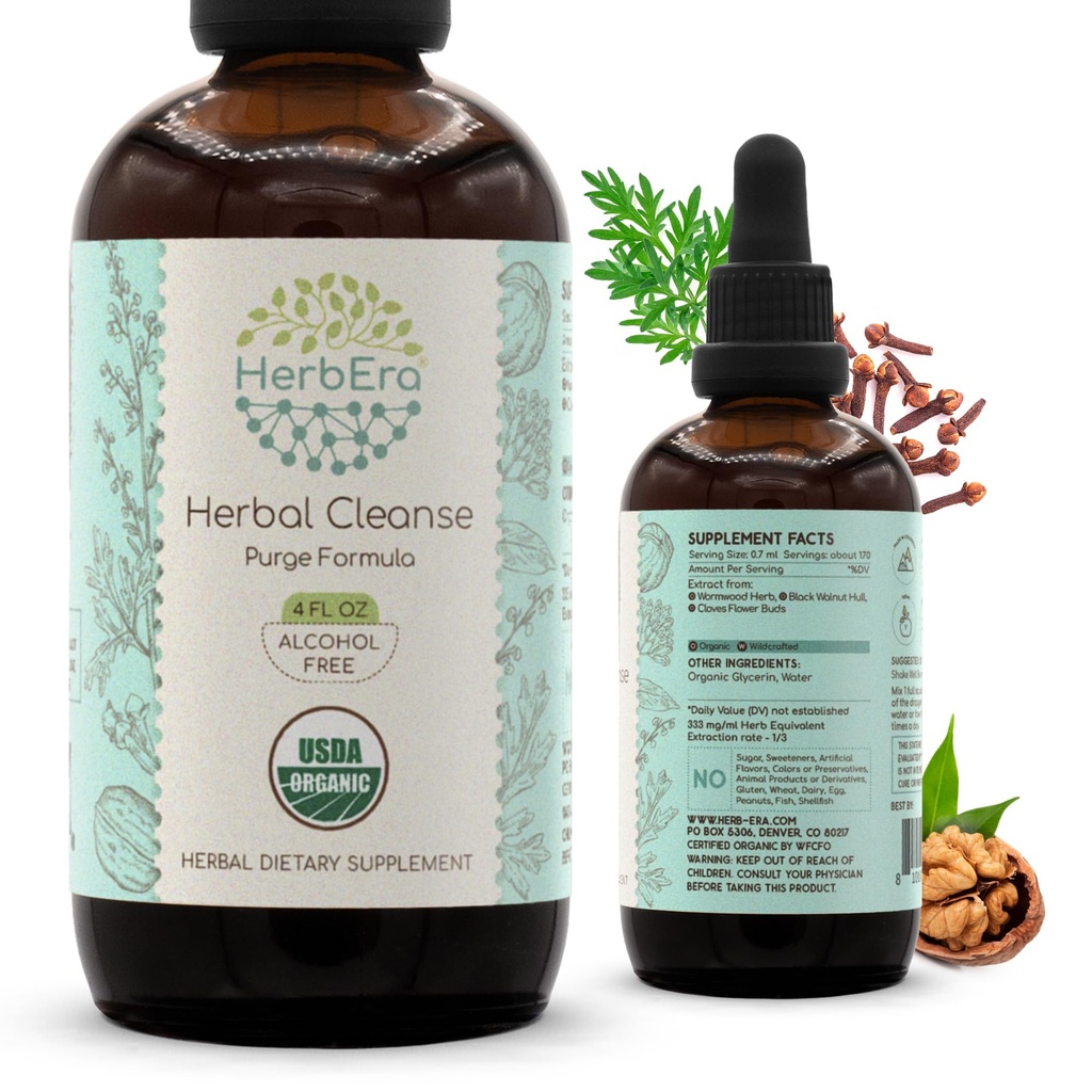 HerbEra Herbal Cleanse Organic Alcohol-Free Tincture | Detox and Cleanse Formula, Extract Supplement | Organic Wormwood Herb, Black Walnut Hull, Cloves Flower Buds | Purge Extract (4 fl oz)
