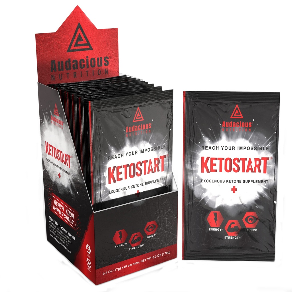 KetoStart+ | Exogenous Ketones Powder with Electrolytes for Energy, Strength & Focus | with Caffeine | Raspberry Lemonade Flavor Electrolyte Powder (10x Ketones Drink Mix Packets)