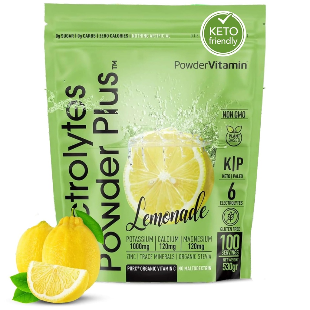PowderVitamin Electrolytes Powder Plus Keto, Lemonade (100 Servings) 0 Sugar, No Maltodextrin,1000mg Potassium,120mg Calcium,120mg Magnesium,Organic Vitamin C,Zero Calories, Energy Hydration Powder