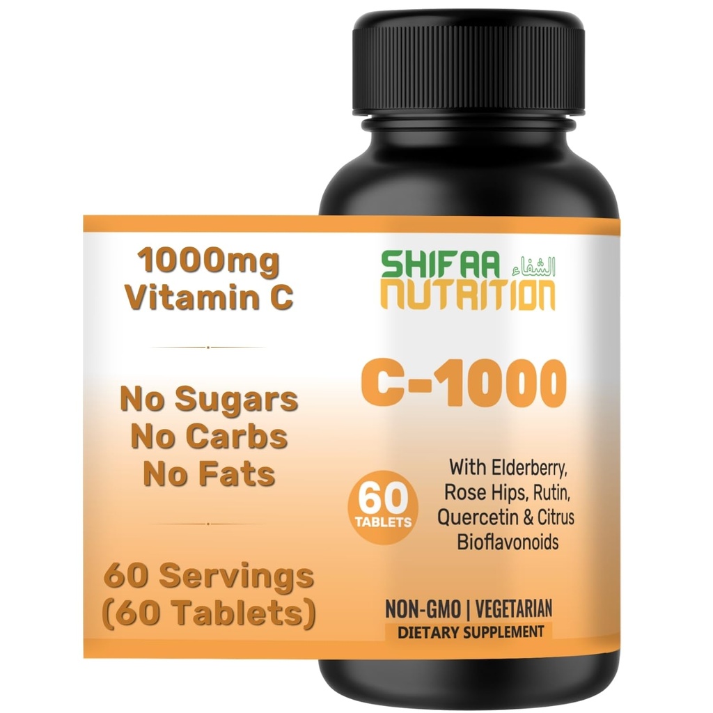 SHIFAA营养 Halal Vitamin C-1000mg平板,60天供应. 配有维生素C的"免疫支持补充剂"(Immune Support),"老年莓"(Melderberry),"Quercetin"(Quercetin),"玫瑰HIPS"(Rose HIPS & Rutin). 蔬菜、非GMO、无糖和Keto友好