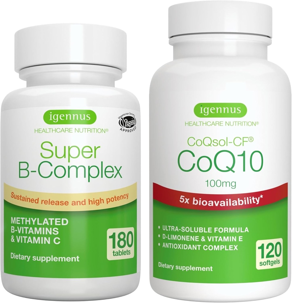 Super B-Complex 180 Tablets + 高吸收 CoQ10 100mg 120 Softgels Energy Bundle, 甲基持续释放 B Complex + CoQ10 配有维生素E & D-Limonene, by Igennus