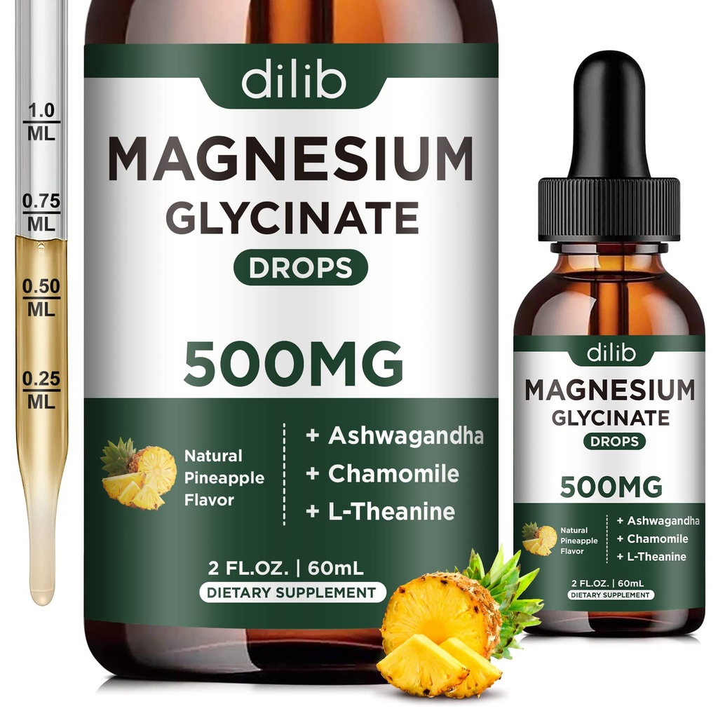 Magnesium Glycinate 500mg - Liquid Magnesium Drops, Ashwagandha, L - Theanine, Chamomile - Calm & Stress Relief, Relaxation, Restful Sleep, Muscle Heart Health, Vegan - 2 Fl Oz (30 Days)